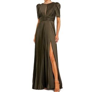 Ieena for Mac Douggal Pleated Charmeuse Puff Sleeve High Slit A-Line Dress